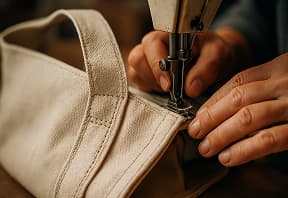 hands of a craftsman working on creating a bag